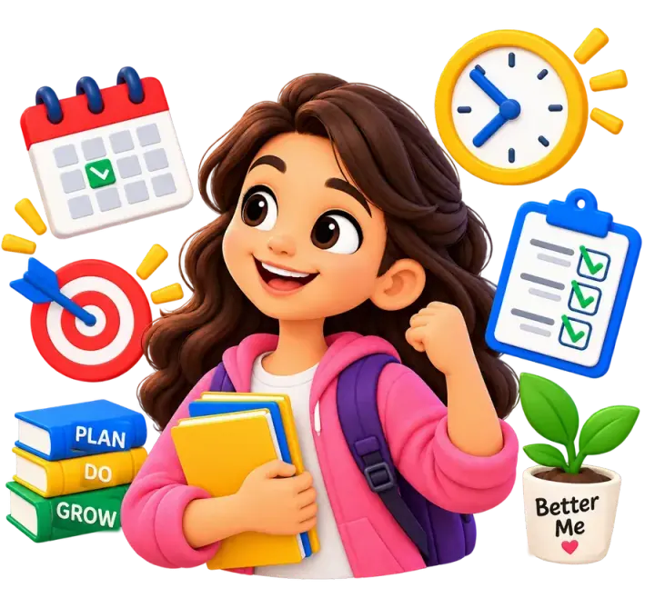 A cheerful girl holding her books, with a plan, a calendar and a growing plant around her