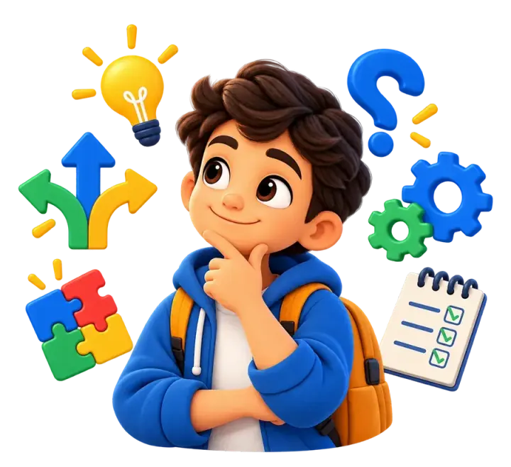 A boy with a backpack looking up thoughtfully, surrounded by ideas and paths