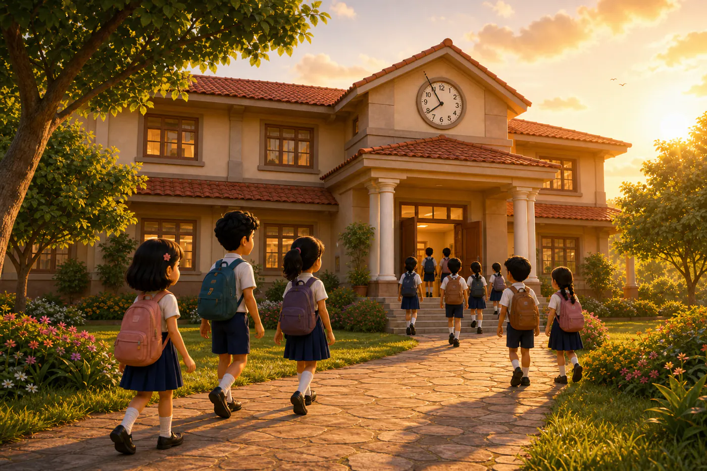 Children walking into an Indian school campus at golden hour