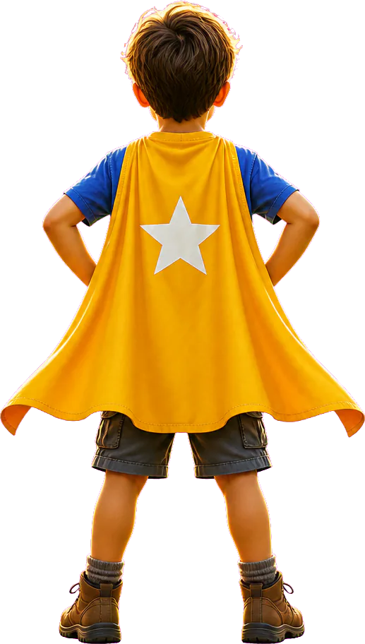 A child in a cape standing on a mountain summit at sunrise