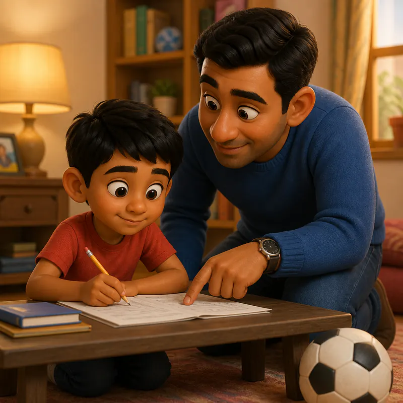 A parent coaching a child through a real homework moment