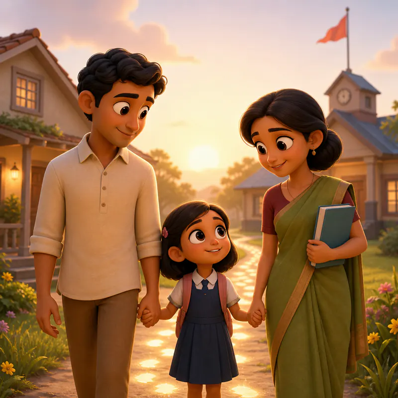 A child with a parent and teacher, home and school moving as one